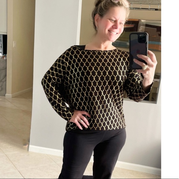 St. John Foil Lattice  Black Gold top blouse NWT - Picture 4 of 11